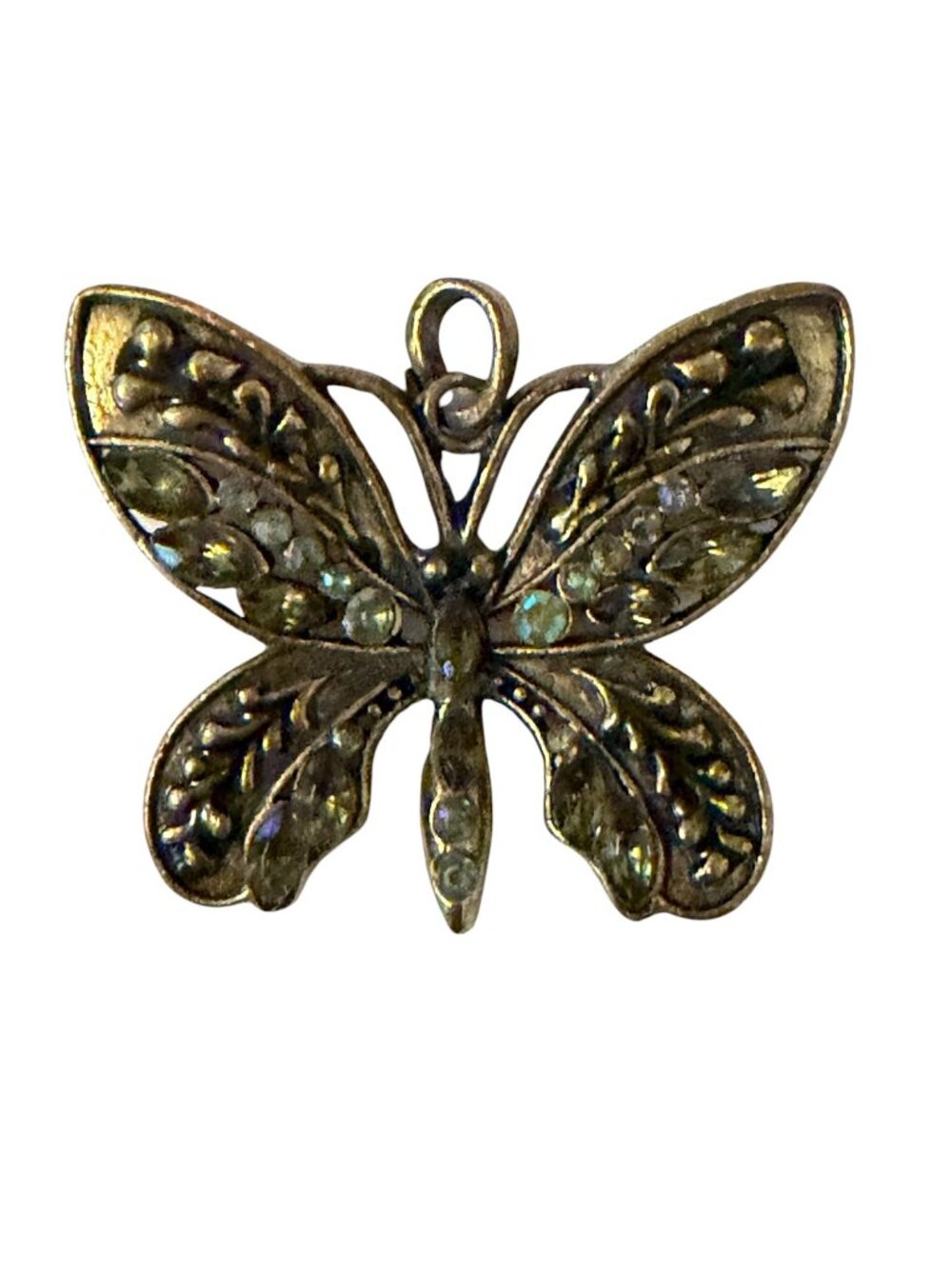 Vintage Gold Tone Butterfly Pendant Charm Aurora Borealis Rhinestones 2.5 x 2 De